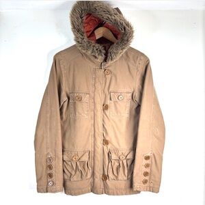 Y2K Hollister Fur Trimmed Hood Lined Winter Coat L Brown Canvas Grunge Utility